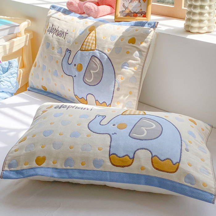 91家纺网 家纺一手货源 找家纺 美宜家 2025新款40*60儿童纯棉A类纱布枕巾乳胶专用高档枕巾 小象乐园 一对