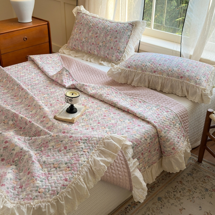 91家纺网 家纺一手货源 找家纺 淑女公社家纺  2025春夏新款法式纯棉双层纱夏被床盖四件套 繁花