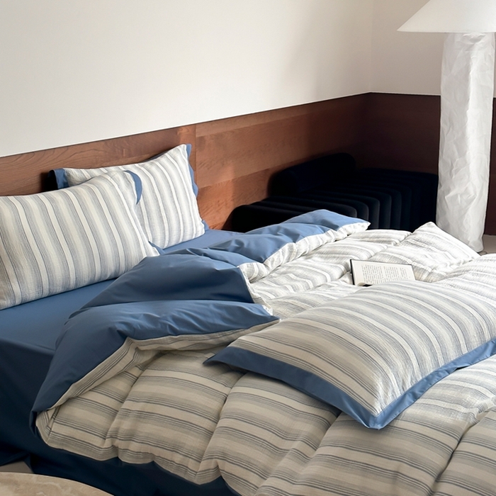 91家纺网 家纺一手货源 找家纺 旷野2025新款全棉纯棉A类婴幼儿级双层纱皱皱纱四件套 理想三旬-蓝