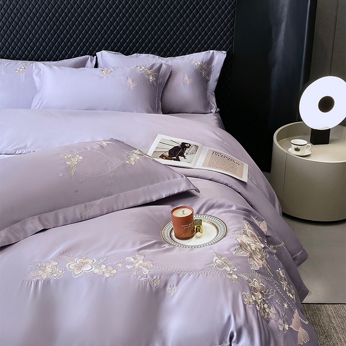 91家纺网 家纺一手货源 找家纺 优悦 2025新款冰丝简奢绣花四件套 雅韵佳人-紫