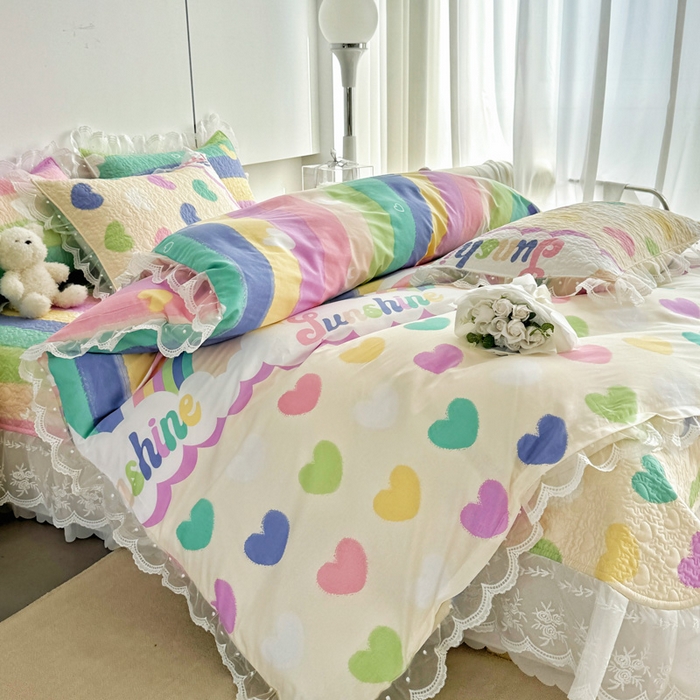 91家纺网 家纺一手货源 找家纺 添越 2024新款雪纺蕾丝款纯棉床盖四件套小彩虹