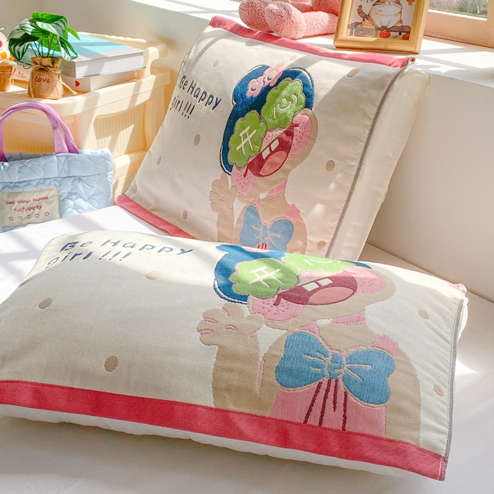 91家纺网 家纺一手货源 找家纺 美宜家 2025新款40*60儿童纯棉A类纱布枕巾乳胶专用高档枕巾 快乐 一只