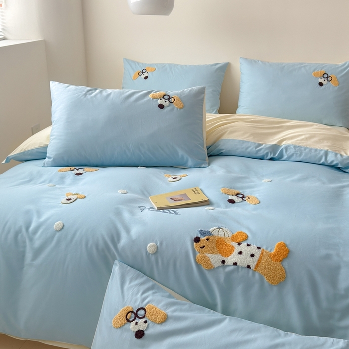 91家纺网 家纺一手货源 找家纺 （总）锦觅家纺 2025新款卡通小清新毛巾绣全棉纯棉四件套（大版定位花型）