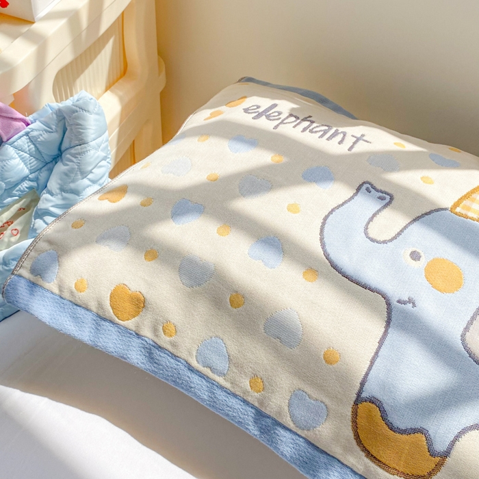 91家纺网 家纺一手货源 找家纺 美宜家 2025新款40*60儿童纯棉A类纱布枕巾乳胶专用高档枕巾 小象乐园 一对