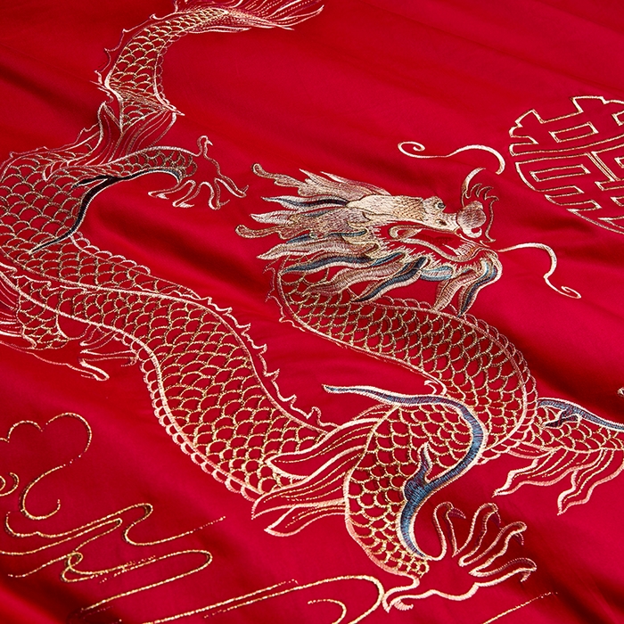 91家纺网 家纺一手货源 找家纺 晶缦家纺 2025新款喷气全棉13376婚庆绣花四件套 龙凤传玺