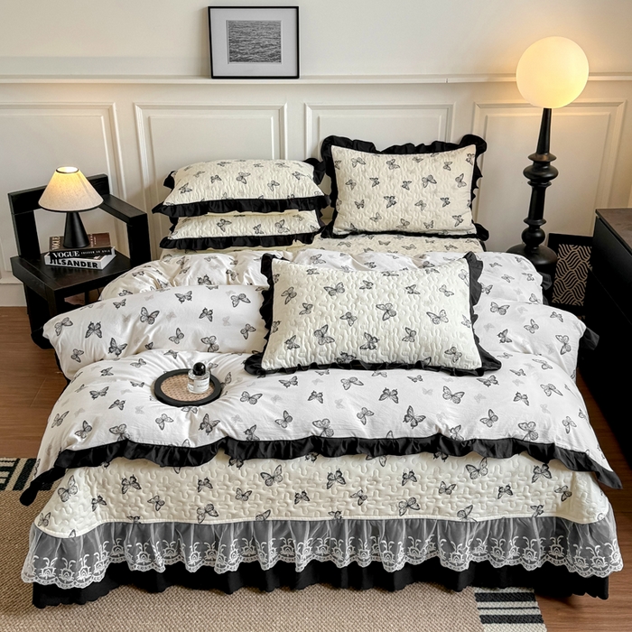 91家纺网 家纺一手货源 找家纺 绣女坊 2025新款时尚印花水洗棉被套款床盖四件套-赫本风 赫本风-蝴蝶