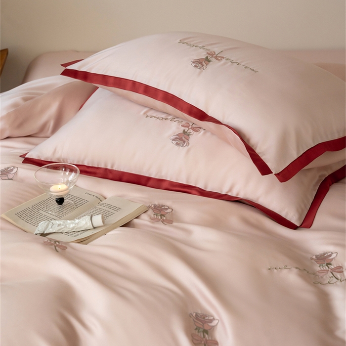 91家纺网 家纺一手货源 找家纺 FORTWO家纺原创设计（FOR TWO家纺） 2025新款60支兰精天丝毛巾绣四件套-断角款 木槿