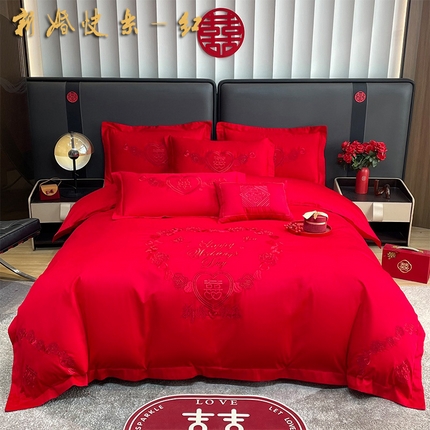晶缦家纺 2025新款喷气全棉13376婚庆绣花四件套 新婚快乐-红