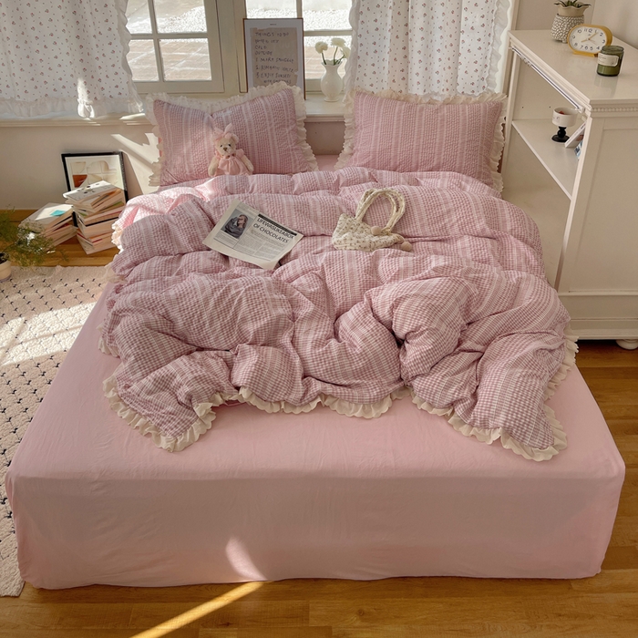 91家纺网 家纺一手货源 找家纺 （总）轻奢坊 2025新款色织提花格子水洗棉仙仙花边安妮四件套