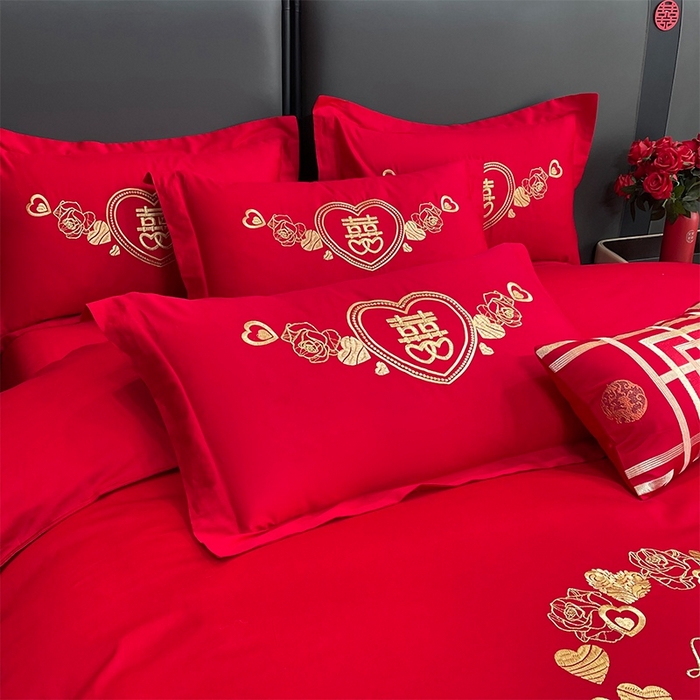 91家纺网 家纺一手货源 找家纺 晶缦家纺 2025新款喷气全棉13376婚庆绣花四件套 新婚快乐-金