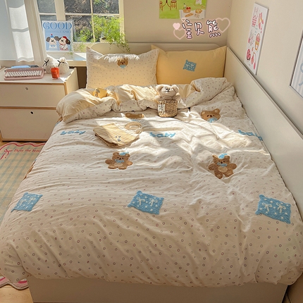 顾里家纺 2025新款ins韩系童趣毛巾绣云朵棉四件套 宝贝熊