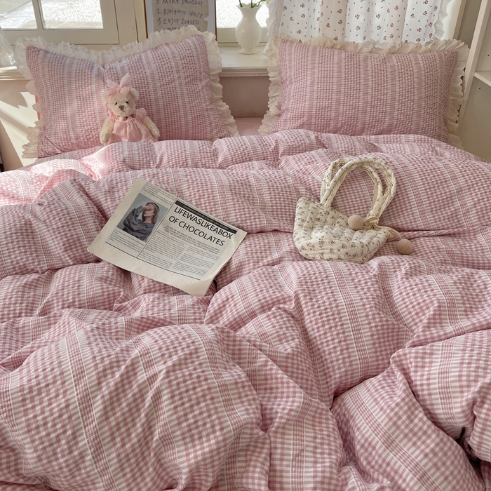 91家纺网 家纺一手货源 找家纺 （总）轻奢坊 2025新款色织提花格子水洗棉仙仙花边安妮四件套