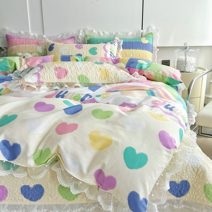 91家纺网 家纺一手货源 找家纺 添越 2024新款雪纺蕾丝款纯棉床盖四件套小彩虹