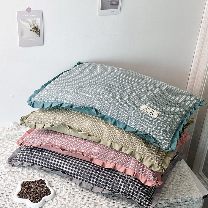 91家纺网 家纺一手货源 找家纺 芯洲 2025年新款全棉双层纱荞麦克枕头枕芯 波点格-绿