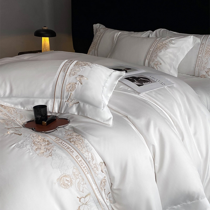 91家纺网 家纺一手货源 找家纺 优悦 2025新款冰丝简奢绣花四件套 巴黎旧梦-白