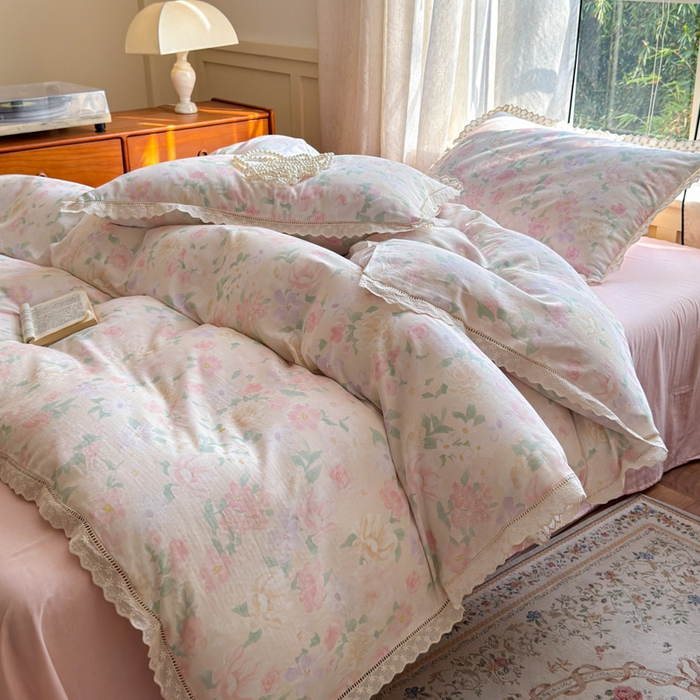 91家纺网 家纺一手货源 找家纺 曼之夏 2025新款A类全棉双层纱花边四件套 如梦令