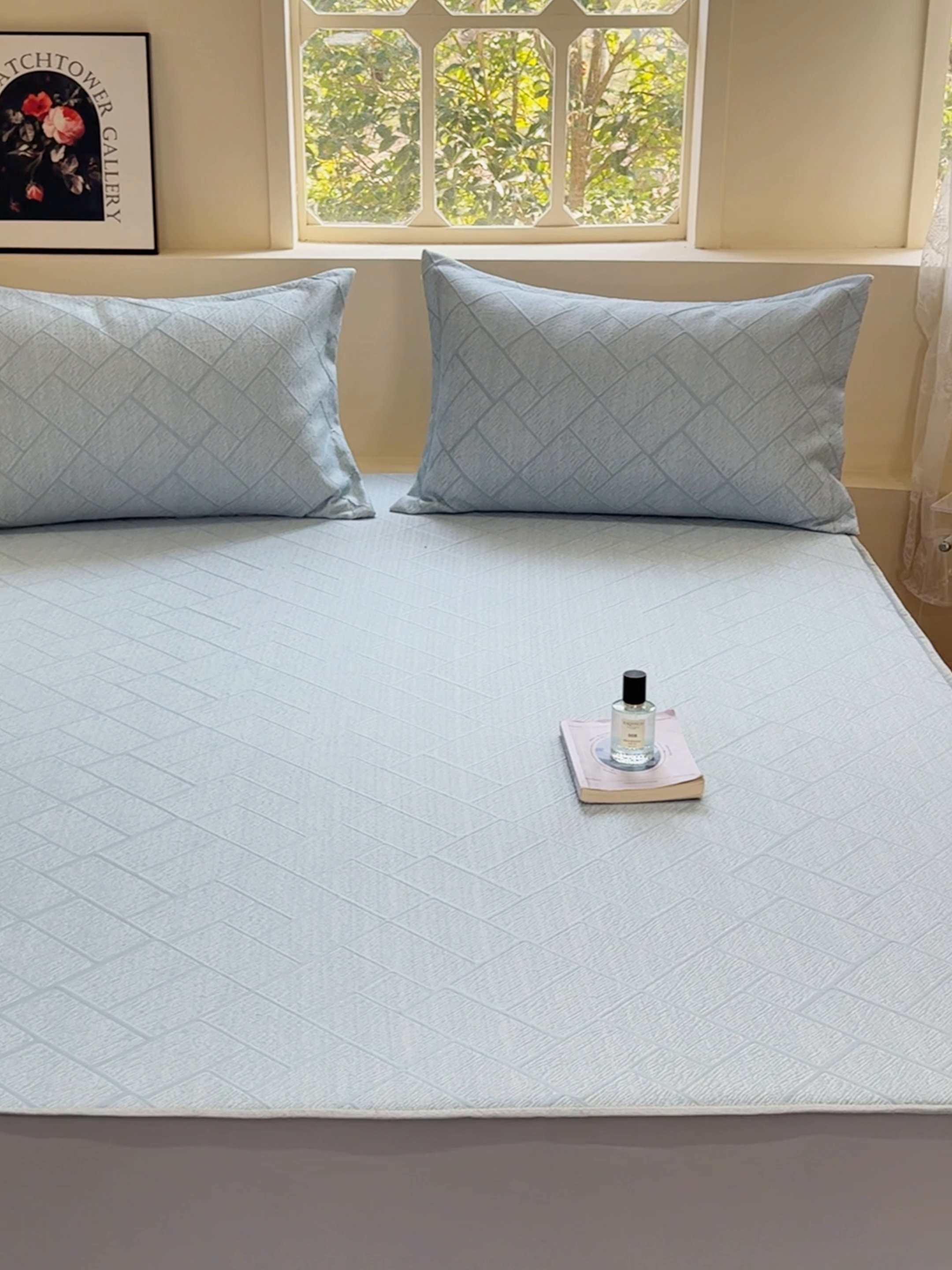 91家纺网 家纺一手货源 找家纺 棉生活家纺 2025新款高端款冰离子超软按摩凉席 方格-兰-床笠款