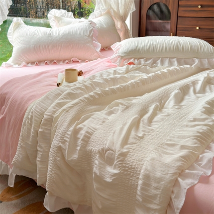 灰鲸2025新款泡泡纱公主风花边款夏被夏凉被空调被四件套系列 泡泡纱花边款-奶昔白+樱花粉
