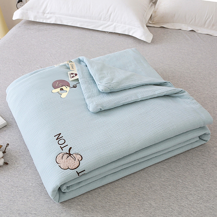 91家纺网 家纺一手货源 找家纺 2025新款A类全棉双层皱皱纱立体烫画纯色款大豆夏凉被空调被 绉绉-天蓝