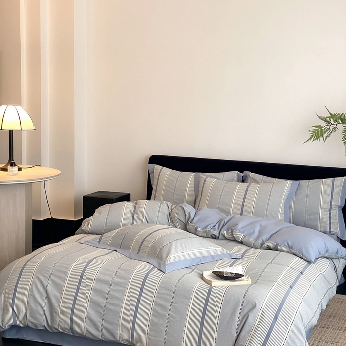 91家纺网 家纺一手货源 找家纺 旷野2025新款全棉纯棉色织空气层提花泡泡纱四件套 悉尼海岸-蓝