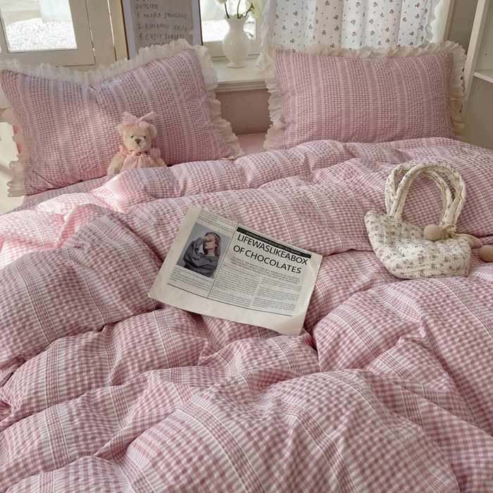 91家纺网 家纺一手货源 找家纺 （总）轻奢坊 2025新款色织提花格子水洗棉仙仙花边安妮四件套