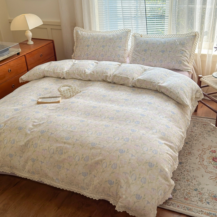 91家纺网 家纺一手货源 找家纺 曼之夏 2025新款A类全棉双层纱花边四件套 郁金香