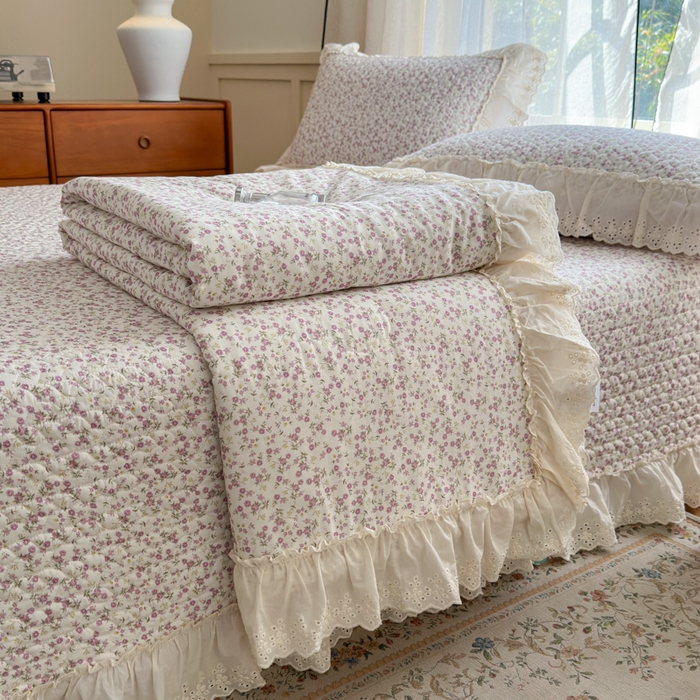 91家纺网 家纺一手货源 找家纺 淑女公社家纺  2025春夏新款法式纯棉双层纱夏被床盖四件套 悦颜 紫