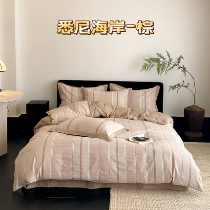 旷野2025新款全棉纯棉色织空气层提花泡泡纱四件套 悉尼海岸-棕