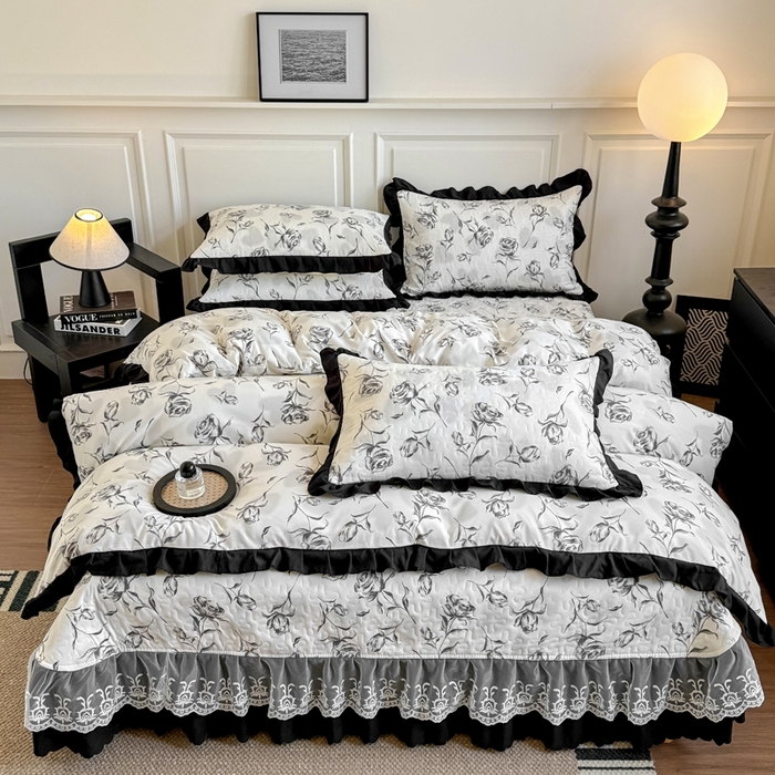 91家纺网 家纺一手货源 找家纺 绣女坊 2025新款时尚印花水洗棉被套款床盖四件套-赫本风 赫本风-玫瑰