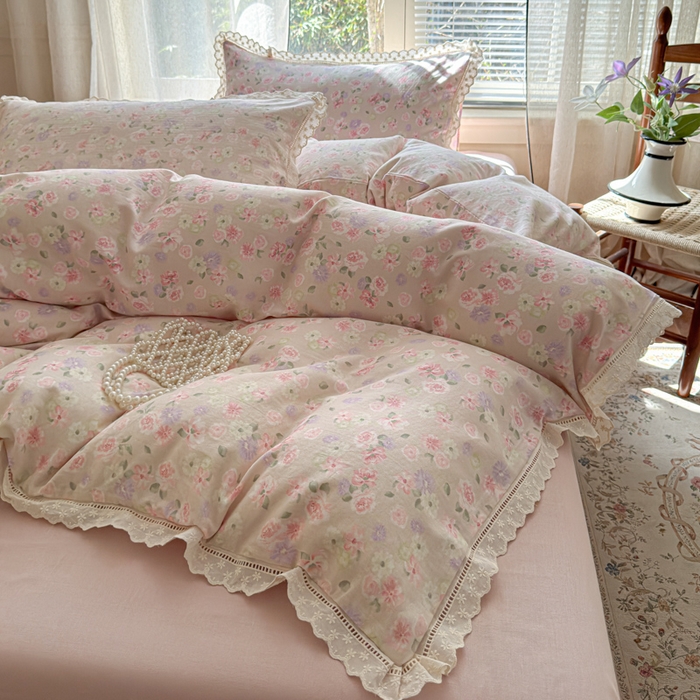 91家纺网 家纺一手货源 找家纺 曼之夏 2025新款A类全棉双层纱花边四件套 晚香玉