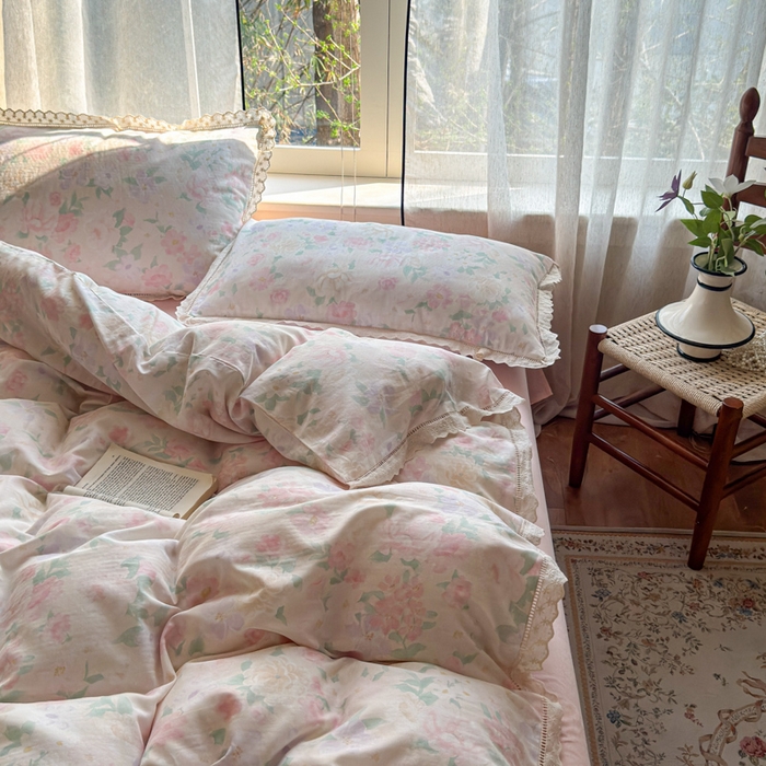 91家纺网 家纺一手货源 找家纺 曼之夏 2025新款A类全棉双层纱花边四件套 如梦令