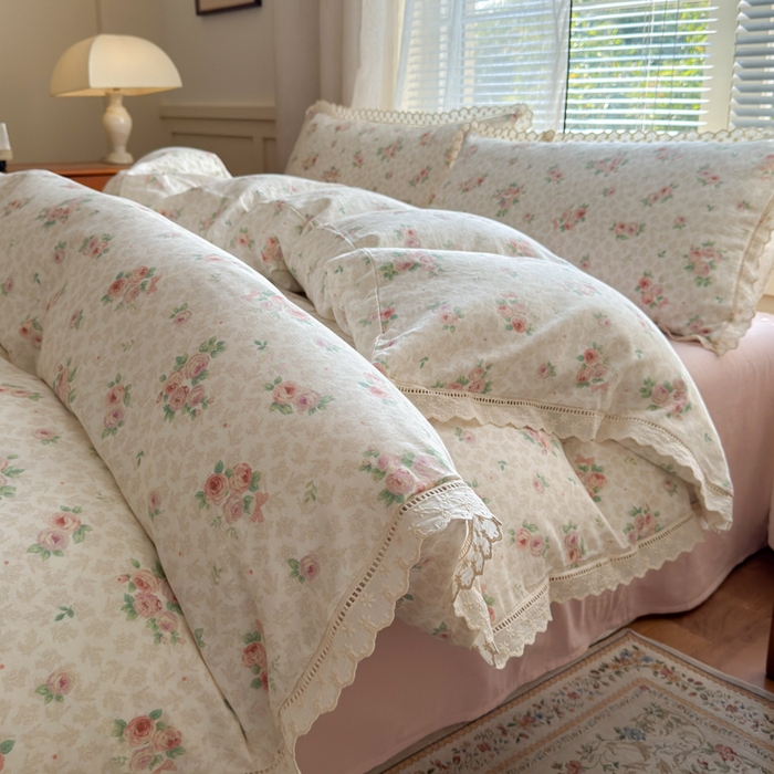 91家纺网 家纺一手货源 找家纺 曼之夏 2025新款A类全棉双层纱花边四件套 洛神玫瑰