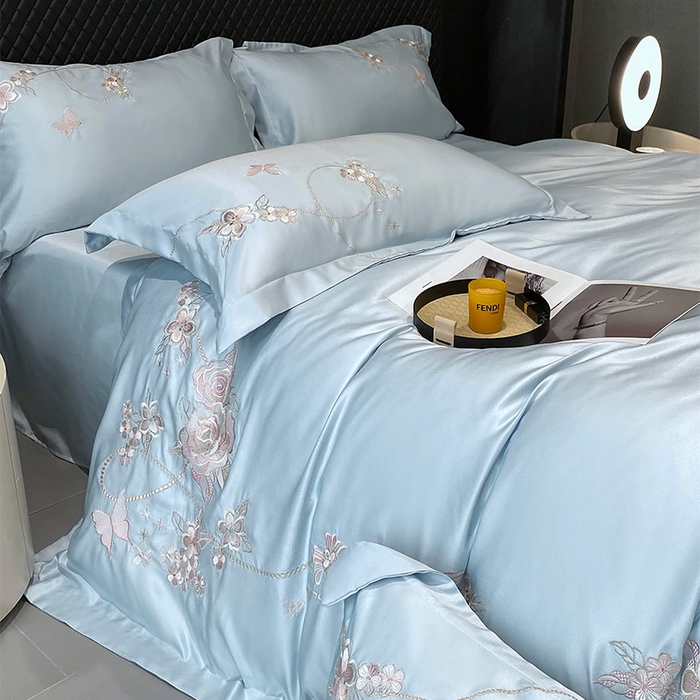 91家纺网 家纺一手货源 找家纺 优悦 2025新款冰丝简奢绣花四件套 雅韵佳人-蓝