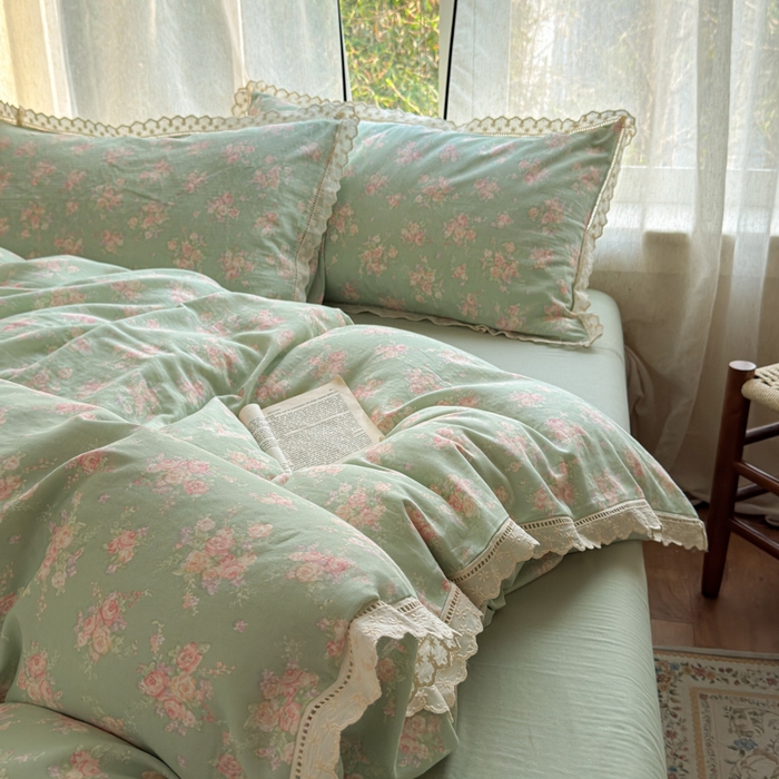 91家纺网 家纺一手货源 找家纺 曼之夏 2025新款A类全棉双层纱花边四件套 苏打绿