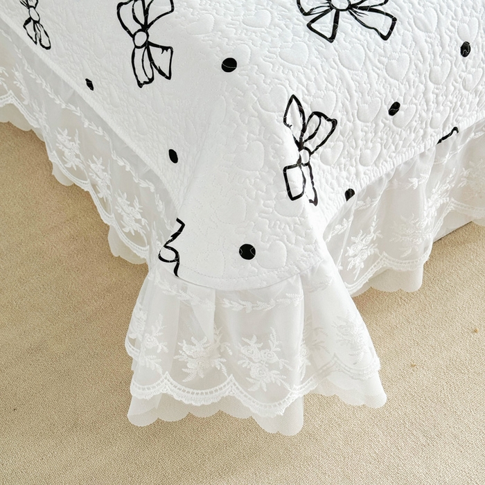 91家纺网 家纺一手货源 找家纺 添越 2024新款雪纺蕾丝款纯棉床盖四件套白色蝴蝶结