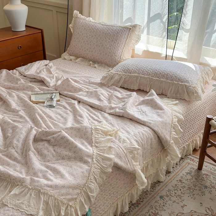 91家纺网 家纺一手货源 找家纺 淑女公社家纺  2025春夏新款法式纯棉双层纱夏被床盖四件套 粉黛