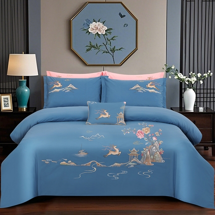 91家纺网 家纺一手货源 找家纺 浩情国际婚庆供货中心 2026新款100支全棉高端刺绣四件套一鹿常红系列 一鹿常红-蓝灰