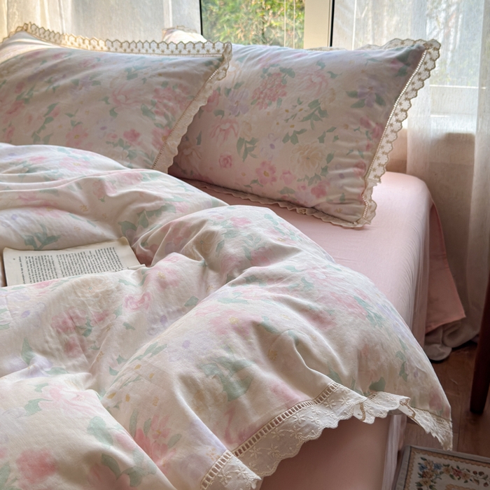 91家纺网 家纺一手货源 找家纺 曼之夏 2025新款A类全棉双层纱花边四件套 如梦令