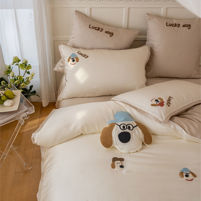 91家纺网 家纺一手货源 找家纺 FORTWO家纺原创设计（FOR TWO家纺） 2025新款60支兰精天丝毛巾绣四件套-断角款 狗先生