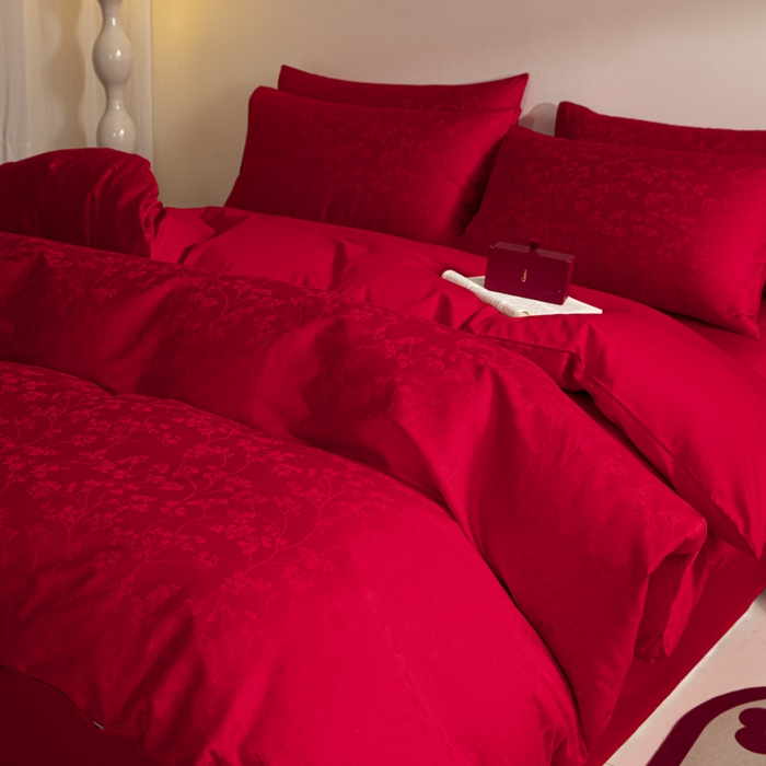 91家纺网 家纺一手货源 找家纺 琪格格纺织 2025新款纯棉婚庆四件套结婚用品提花简约婚庆 叶满良缘