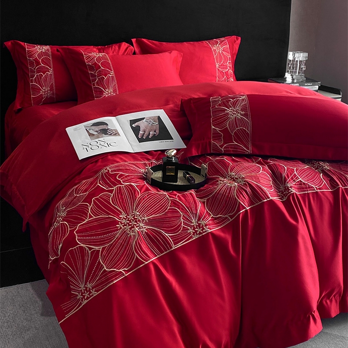 91家纺网 家纺一手货源 找家纺 优悦 2025新款冰丝简奢绣花四件套 北欧情调-红