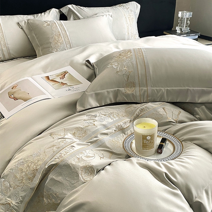 91家纺网 家纺一手货源 找家纺 优悦 2025新款冰丝简奢绣花四件套 巴黎旧梦-绿