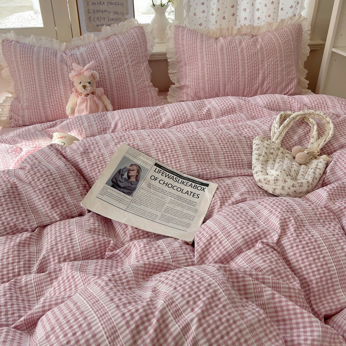 91家纺网 家纺一手货源 找家纺 （总）轻奢坊 2025新款色织提花格子水洗棉仙仙花边安妮四件套