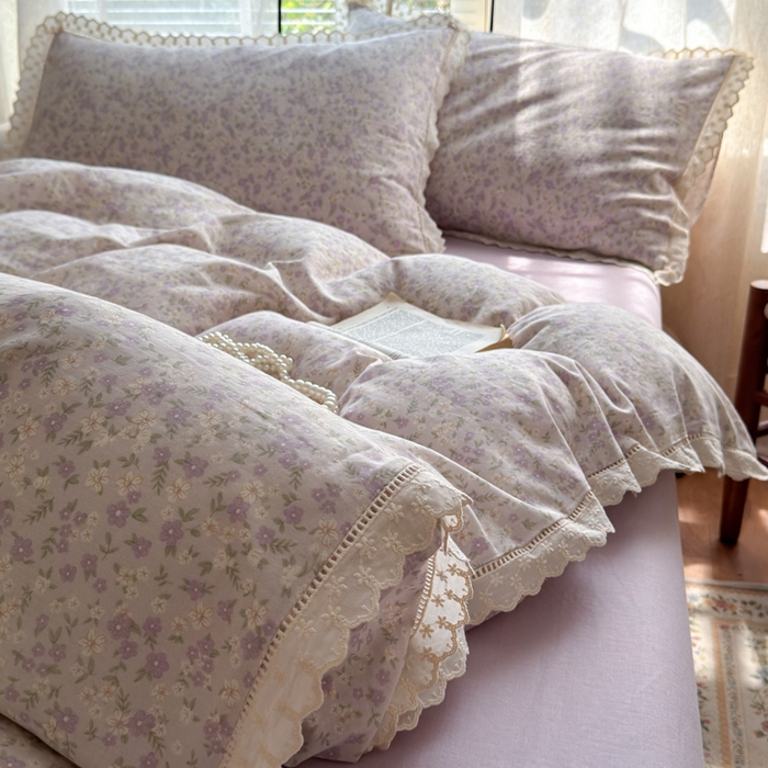 91家纺网 家纺一手货源 找家纺 曼之夏 2025新款A类全棉双层纱花边四件套 恩彩