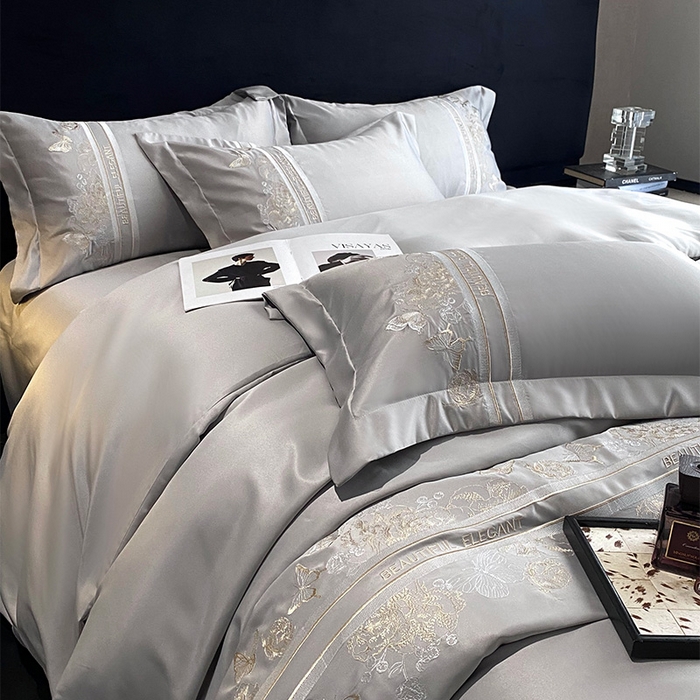 91家纺网 家纺一手货源 找家纺 优悦 2025新款冰丝简奢绣花四件套 巴黎旧梦-灰