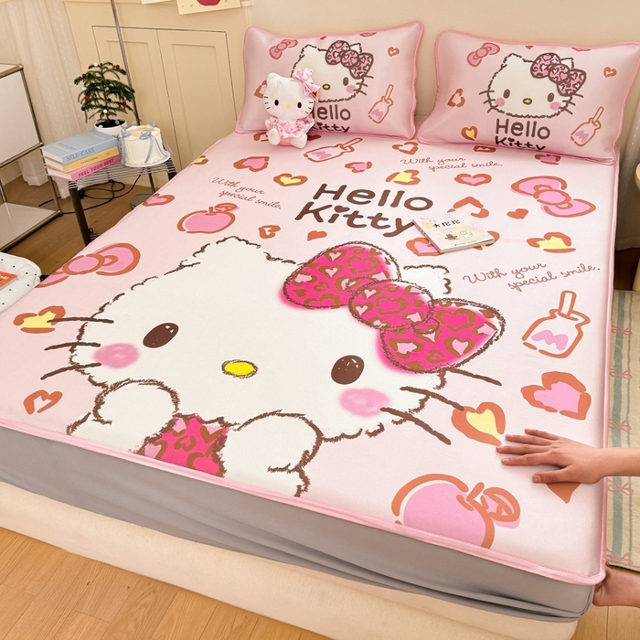 91家纺网 家纺一手货源 找家纺  博雅新款三丽欧A类大版数码印花1200D冰丝凉席-床笠款 甜酷KT