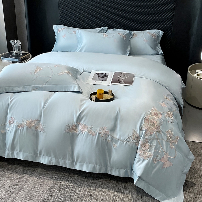 91家纺网 家纺一手货源 找家纺 优悦 2025新款冰丝简奢绣花四件套 雅韵佳人-蓝