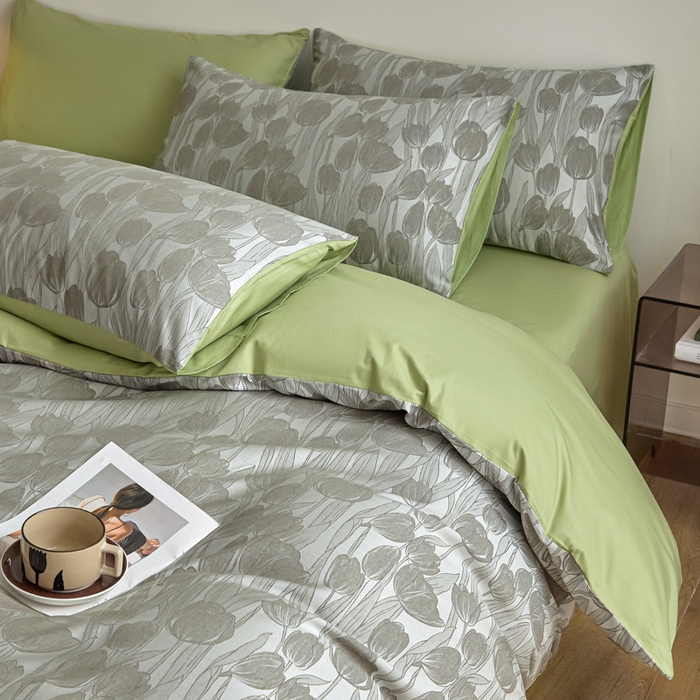 91家纺网 家纺一手货源 找家纺 琪格格纺织  2025新款色织天丝棉提花四件套 风之语-绿