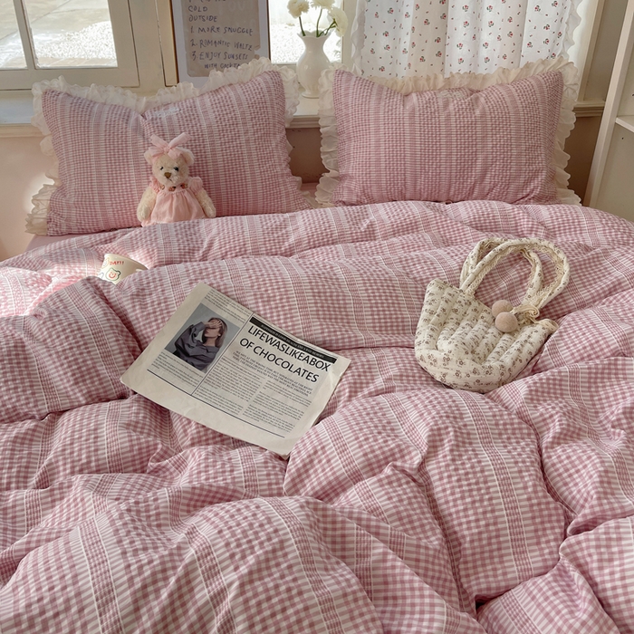 91家纺网 家纺一手货源 找家纺 （总）轻奢坊 2025新款色织提花格子水洗棉仙仙花边安妮四件套