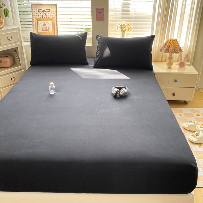 91家纺网 家纺一手货源 找家纺 芷凡家纺 2025新款水洗皱皱云感棉纯色床笠 酷黑